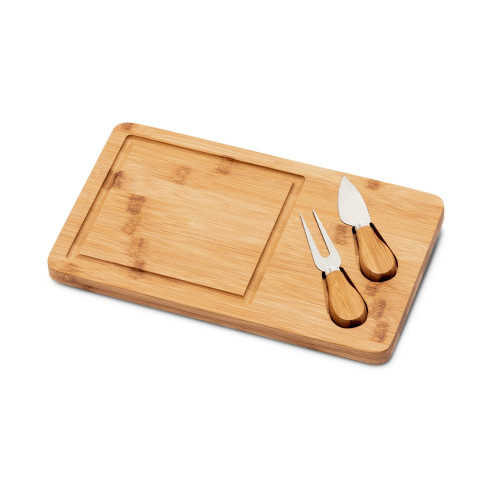 WOODS. Bamboo cheese board with 2 bamboo and stainless steel accessories